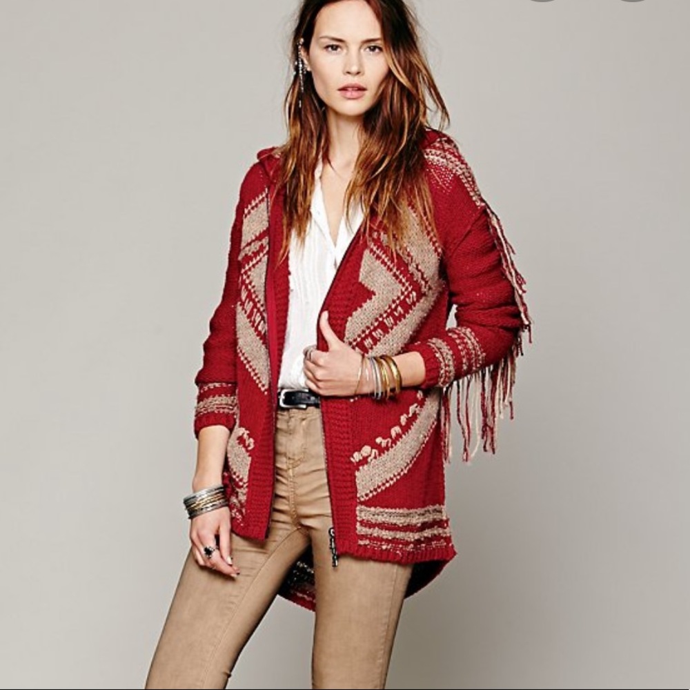 Free People Geo fringe hooded knit cardigan
